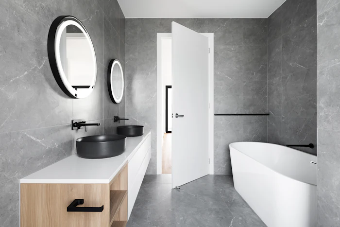 Modern bathroom vanity and walk-in shower